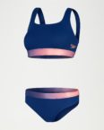 Texturierter Bikini mit tiefem U-Rückenausschnitt für Damen Blau/Koralle
