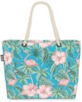 VOID Strandtasche (1-tlg), Tropen Flamingos Palmen Beach Bag Hawaii Hibiskus Vögel Floral Blumen-Muster