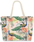 VOID Strandtasche (1-tlg), Tropenvogel Pfau Hibiskus Beach Bag Blumen-Muster geblümt floral Indien Afrika