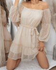 AFAZ New Trading UG Sommerkleid Damen Elegant Langarm Off Shoulder Einfarbig Dot Luftig Sommerkleid Minikleider Partykleid Strandkleid mit Gürtel