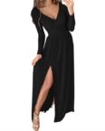 AFAZ New Trading UG Sommerkleid Damen Kleid Elegant Langarm V-Ausschnit Tunika Maxikleider Casual Hohe Taille Saumschlitz Cocktailkleid
