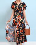 AFAZ New Trading UG Sommerkleid Damenkleid mit lockerem Gürtel, bedruckt, langes Rüschenkleid
