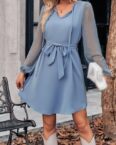 AFAZ New Trading UG Sommerkleid Dirndlkleid in einfarbigem Design mit V-Ausschnitt und Taillenbindung Lockere lange Röcke für Damen, weiche Kleider, bezaubernde Kleider