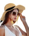 CALIYO Strohhut Stroh Sonnenhut für Frauen, Sommerhut Faltbarer Sonnenhut UPF 50 + mit Sonnen Shade Strand breite Krempe Damen