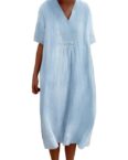 KIKI A-Linien-Kleid Damen Kleid Elegant V-Ausschnitt Kurzarm A-Linie Kleid Strandkleid