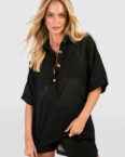Womens Linen Look Button Kaftan Shirt & Short Beach Co-Ord - Black - M, Black