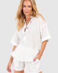 Womens Linen Look Button Kaftan Shirt & Short Beach Co-Ord - White - M, White