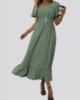 AFAZ New Trading UG Sommerkleid Damen Sommerkleid Kurzarm V-Ausschnitt Wickelkleid Knielang Kleid Enganliegendes grünes Sommerkleid für Damen