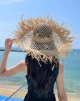 AUKUU Sonnenhut Hohler Hohler handgestrickter großkrempiger Strohhut mit Pelzkrempe für den Sommerreise Strandsonnenhut für Damen