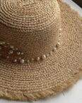 AUKUU Sonnenhut Perlen Perlen Sonnenhut für Damen vielseitiger flacher Strohhut mit großer Krempe Strandhut für Sommerreisen ans