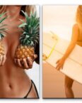 Sinus Art Leinwandbild 2 Bilder je 60x90cm Bikini Ananas Süden Traumstrand Sexy Surfbrett Tanga