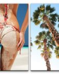Sinus Art Leinwandbild 2 Bilder je 60x90cm Bikini Kokospalme Karibik Traumstrand Urlaub Baden Sexy Model