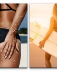 Sinus Art Leinwandbild 2 Bilder je 60x90cm Bikini Sexy Strand Sommer Surfbrett Traumfrau Urlaub