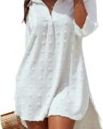 ZWY Hemdbluse Damen Strandkleid, Sommer Weißes Chiffon Kleid V-Ausschnitt,Sieben-Viertel-Ärmel, Strandbekleidung