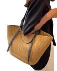 AUKUU Strandtasche Baumwollgewebte Baumwollgewebte Tasche mit großem, Fassungsvermögen tragbare Retro Strohtasche vielseitige Pendler