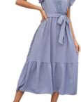 FIDDY Blusenkleid Damen Sommerkleid V Ausschnitt Elegant Kleid Gepunktete Fliegenärmel