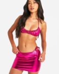 3-Teiliger Geraffter Metallic-Bikini & Rock - Hot Pink - 36, Hot Pink